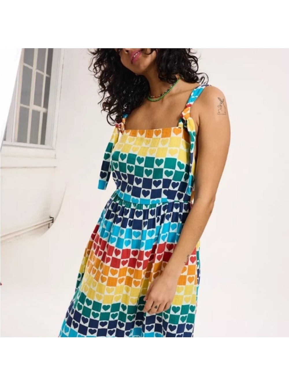 Lucy & Yak Faye Heart to Heart Rainbow Print Midi Dress 4 - Picture 3 of 14